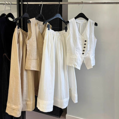 2025 spring and summer designer minimalist old money style suit, linen V-neck vest vest + elastic pendulum skirt