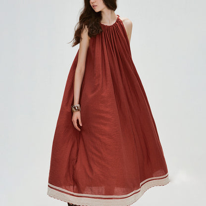 Angola Red Linen Design Sense Dress Holiday Neck Drawstring Ribbon Splicing Swing Skirt B0802