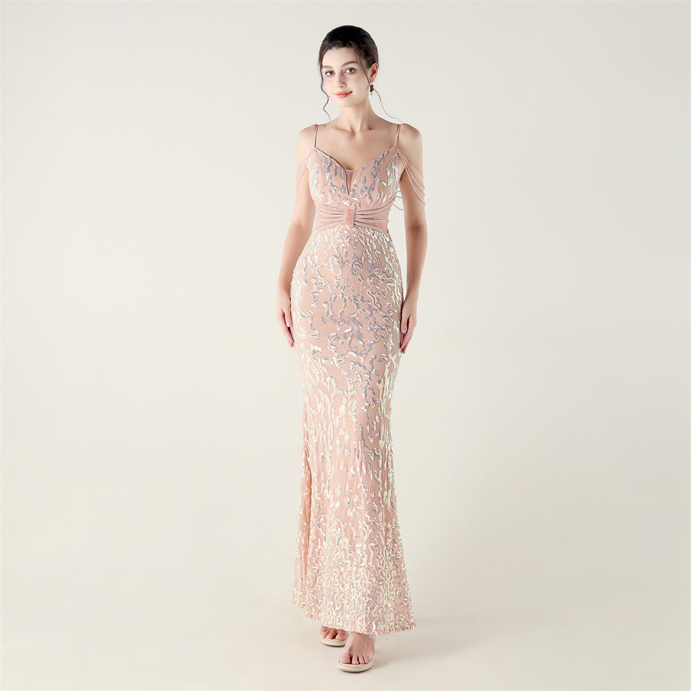 33396 # new heavy industry beaded mid-waist beaded fishtail evening dress, red carpet wedding banquet dress