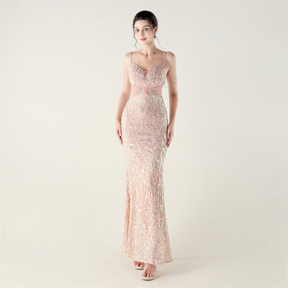 33396 # new heavy industry beaded mid-waist beaded fishtail evening dress, red carpet wedding banquet dress