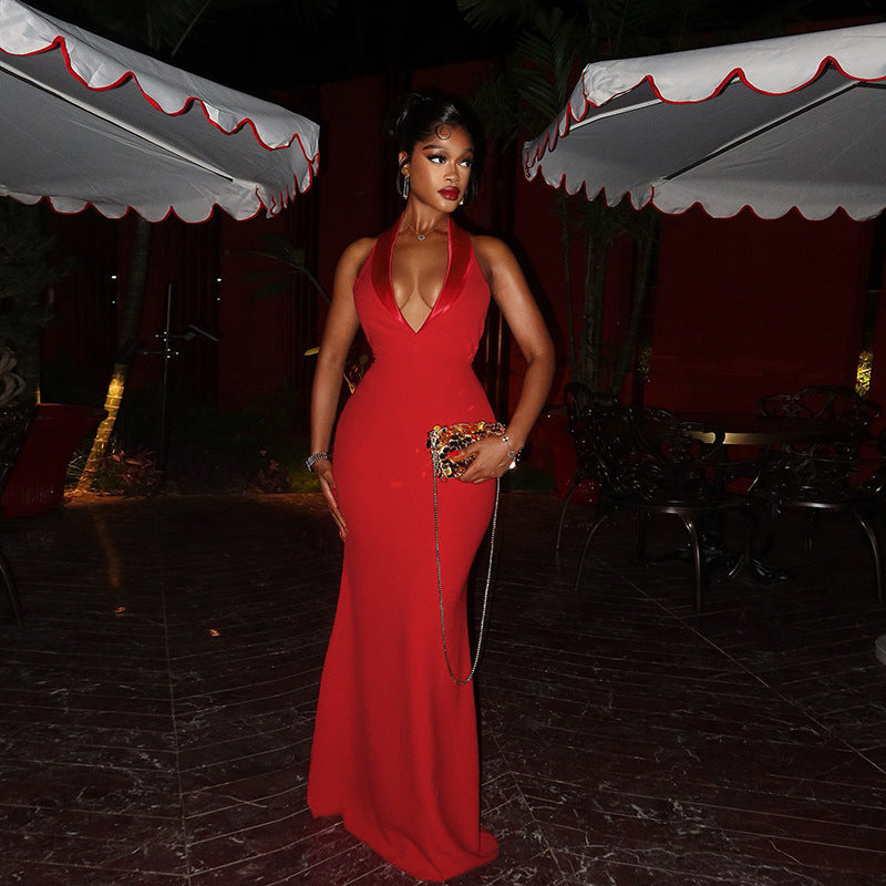 FLOWERSVERSE 2025 spring new New 2025 women's clothing Spice Girls deep V sleeveless sexy backless slim hip dress