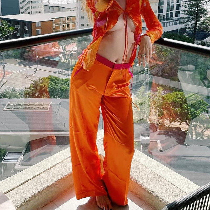 2025 style sexy babes contrasting colors and pendant trousers for women's autumn new fashionable high-waisted hip-lifting loose straight-leg trousers