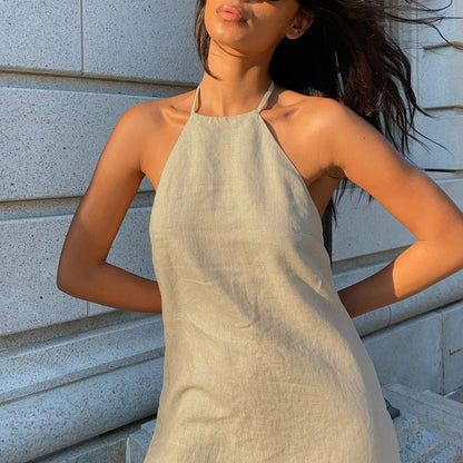 Europe and America Cross Border Women's Clothing 2023 Summer New Cotton and Linen Dress Backless Sexy Hot Girl Halter Lace-up A- line Skirt