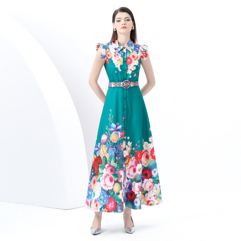 Early Spring - Court Lapel Sleeveless Waist Wide Skirt Printed Long Dress