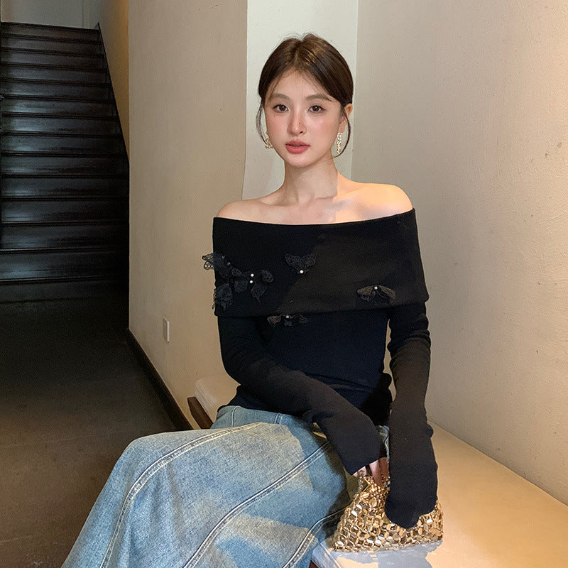 2025 popular autumn new temperament one-word collar versatile bottoming shirt long-sleeved knitted sweater women's top 25020