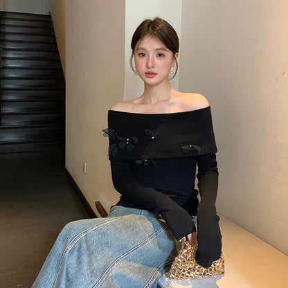 2025 popular autumn new temperament one-word collar versatile bottoming shirt long-sleeved knitted sweater women's top 25020