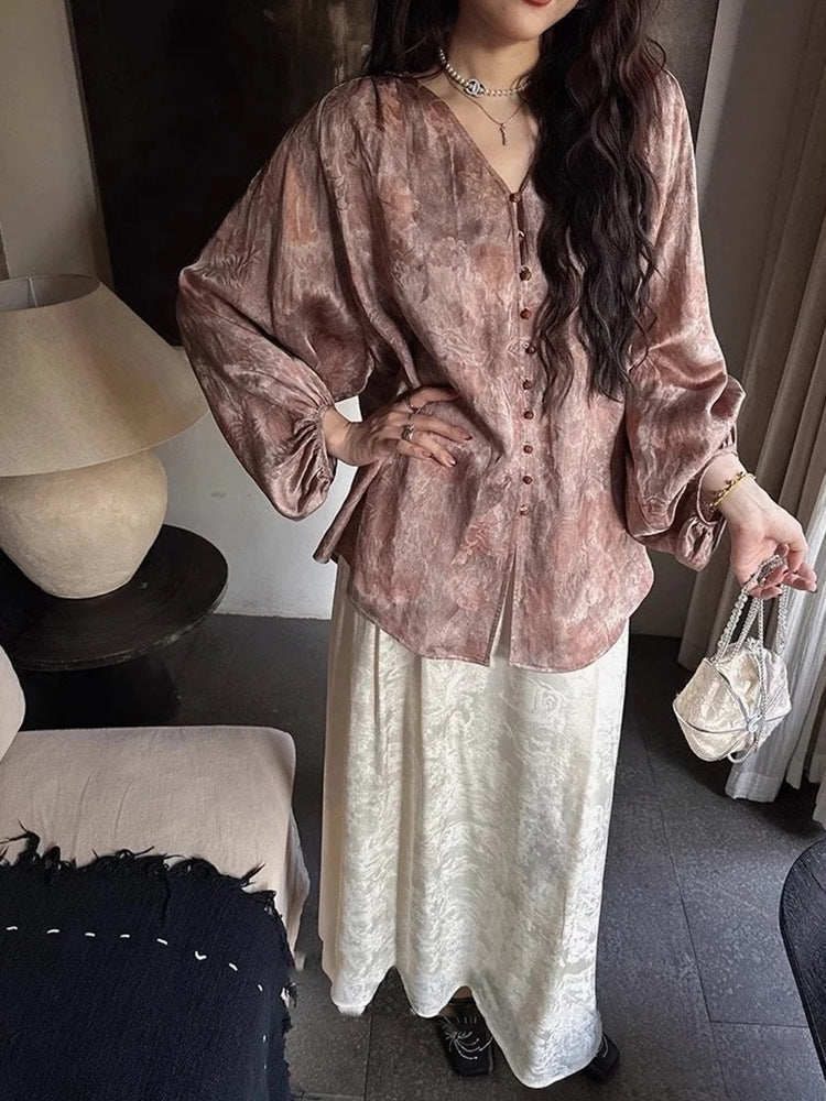 Siyuan Guofeng New Chinese Silk Linen Jacquard Tie-Dyeing Shirt High-end Light Luxury Lantern Sleeve Top Women's 9062