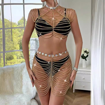 234023 2025 New hot-selling metal chain splicing multi-layer wave neck top fashionable hollow waist chain set