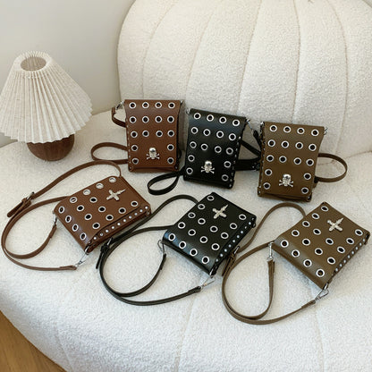 FLOWERSVERSE 2025 Crossbody bag 2025 style unisex punk rivet flip small square bag dark wind skull belt waist bag women