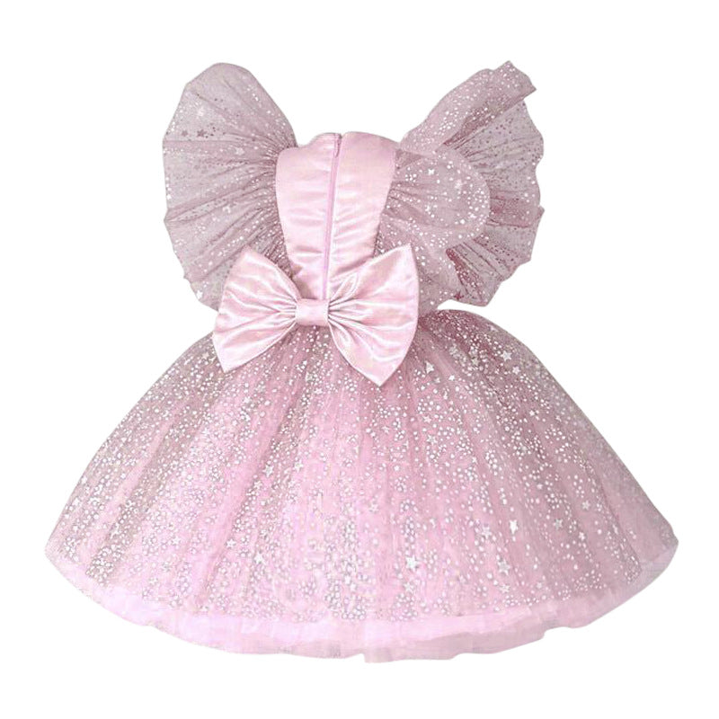 flowersverse European and American Girls Dress Children Bow Flying Sleeves Princess Dress Children's Mesh Bubble Skirt