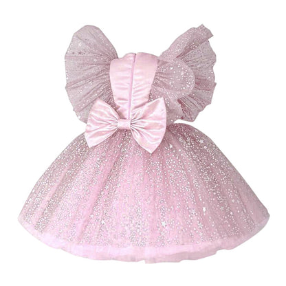 flowersverse European and American Girls Dress Children Bow Flying Sleeves Princess Dress Children's Mesh Bubble Skirt