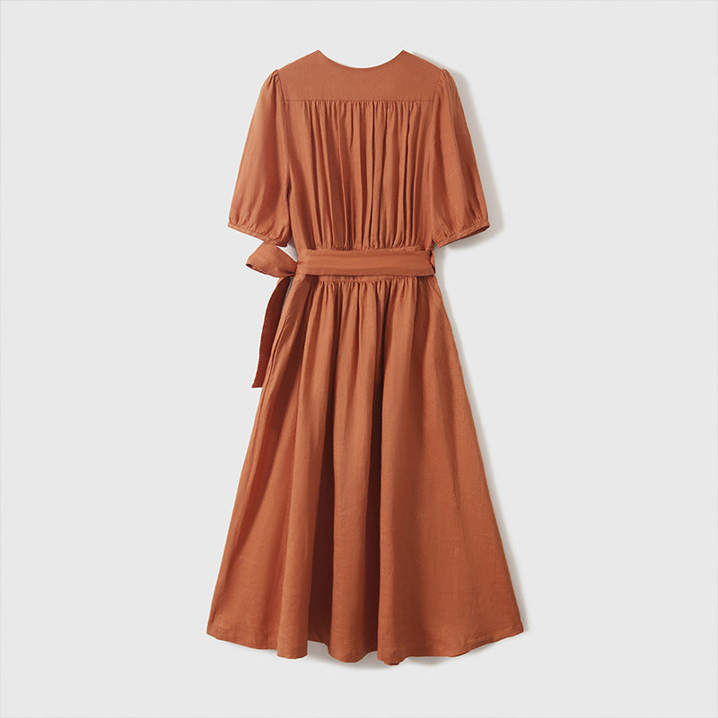 2025 Breathing 100% ramie wrap dress, Japanese casual bubble sleeves V-neck waist skirt women's summer