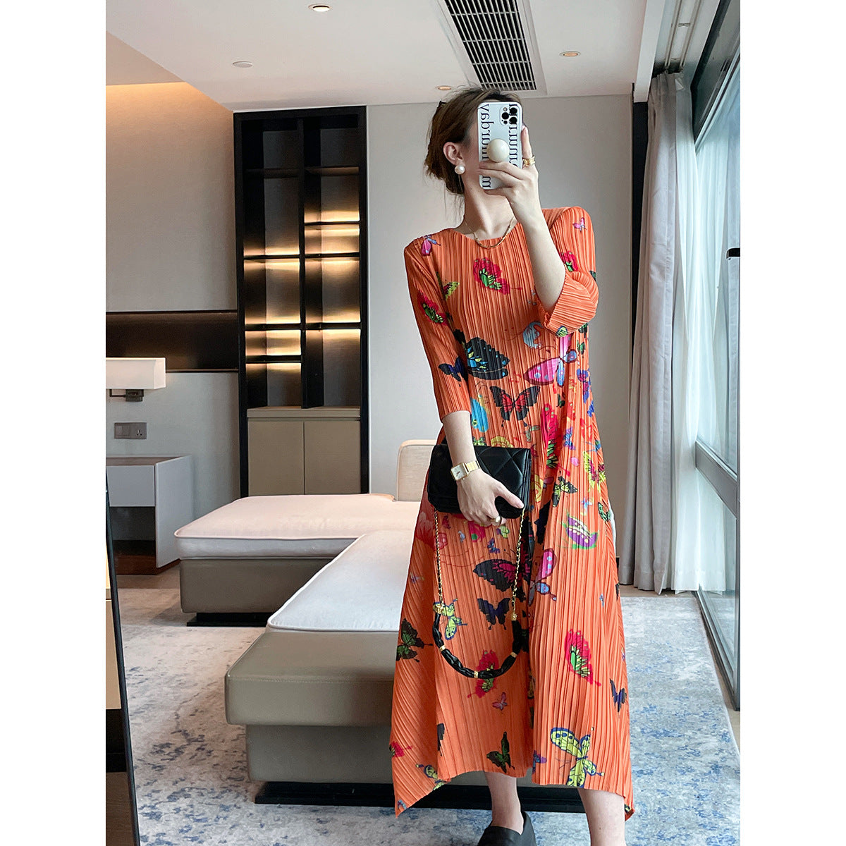Miyake  autumn new  printing slim pleated dress light luxury elegant celebrity temperament long dress