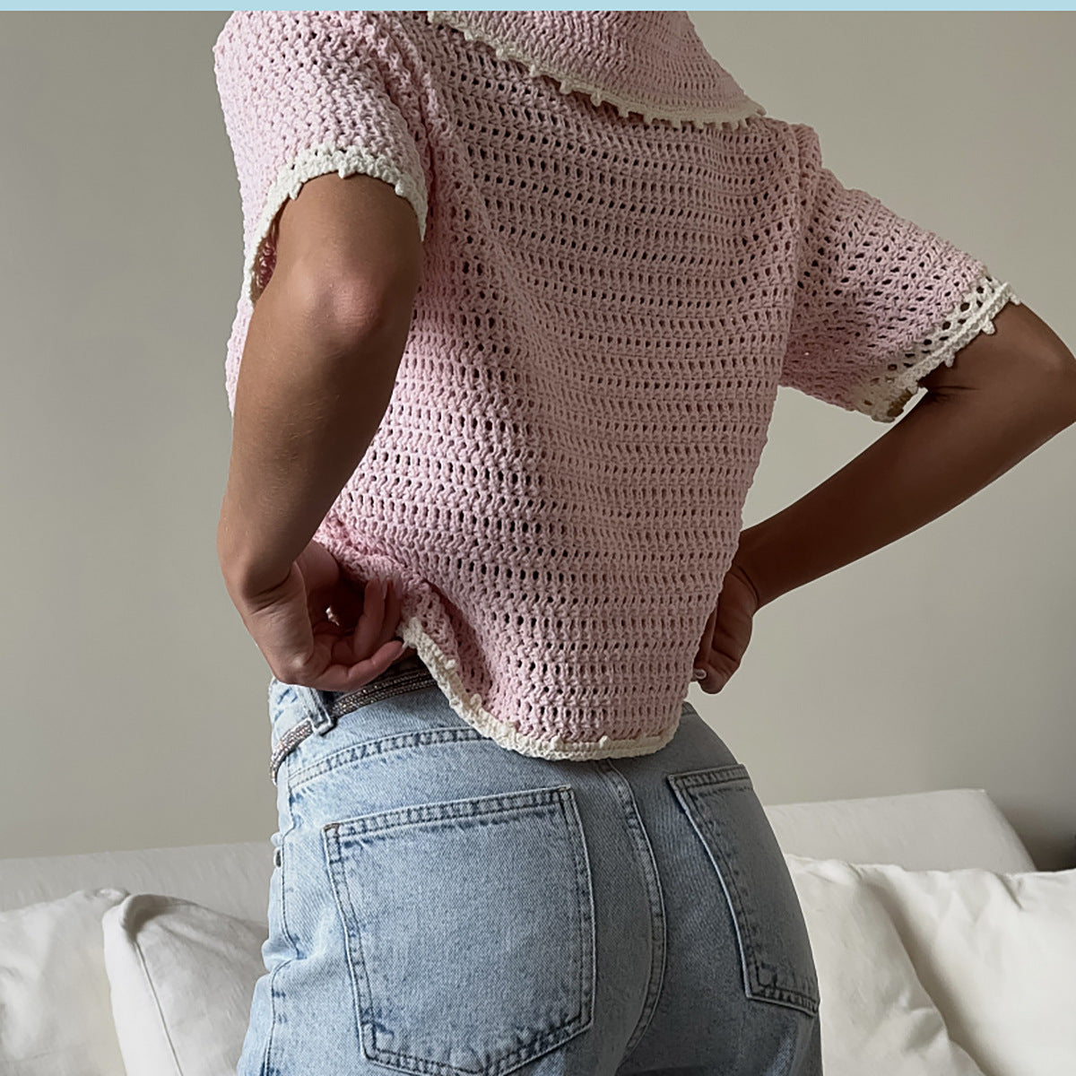 personalized summer new knitted hollow navy round neck five-quarter sleeve polo shirt front shoulder women's short loose and spicy