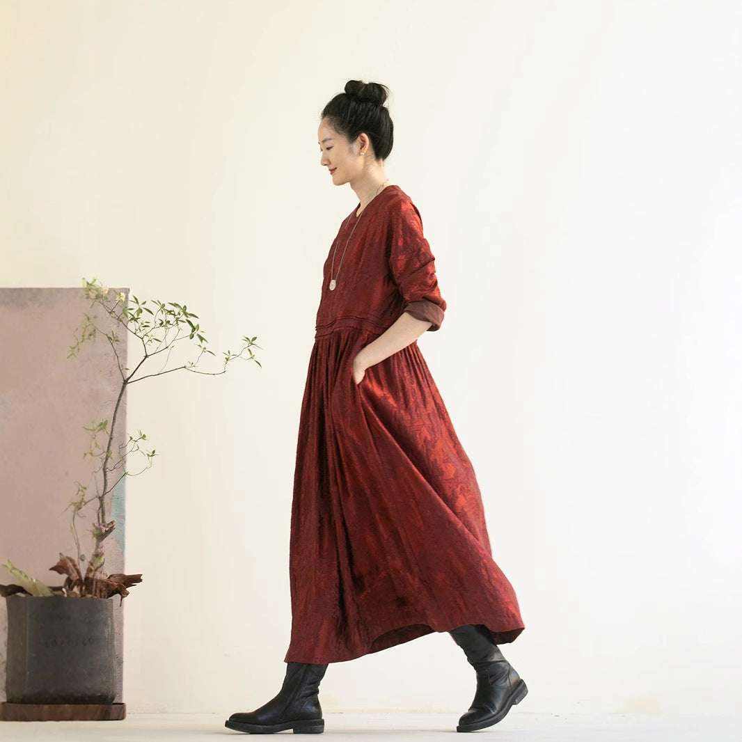 Dress women's spring high-end sense, jacquard Ankola red V-neck zen loose long-sleeved long skirt B1106