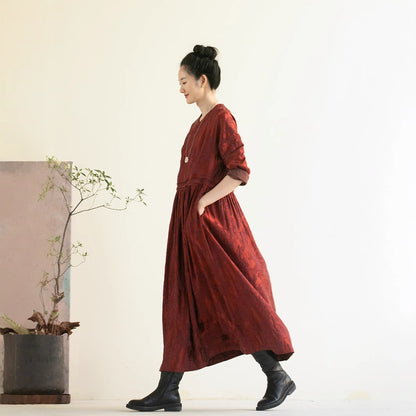 Dress women's spring high-end sense, jacquard Ankola red V-neck zen loose long-sleeved long skirt B1106