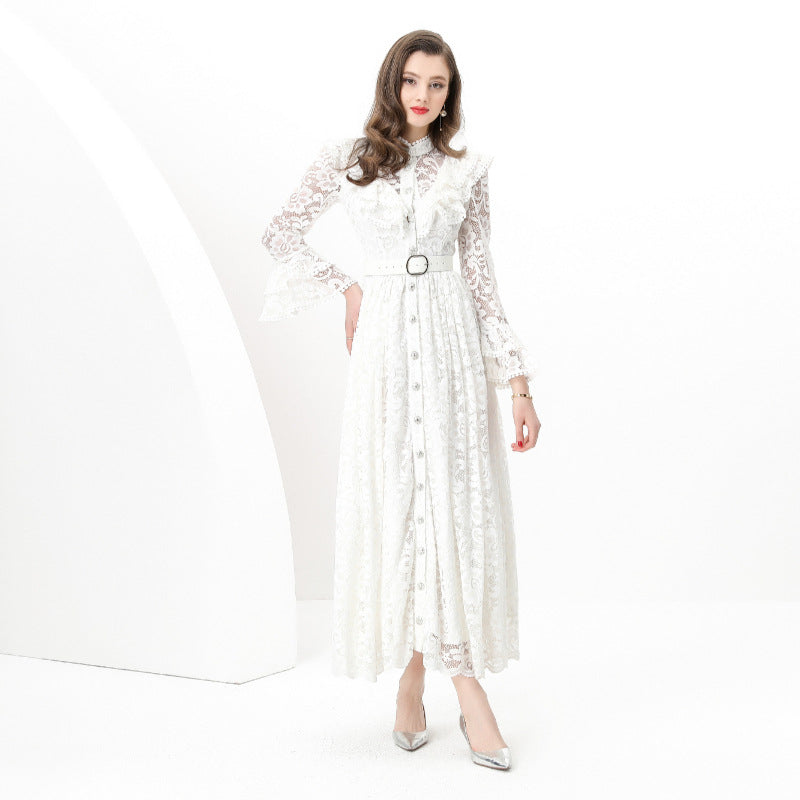 new  women's dress high-end fungus edge splicing single-breasted waist lace embroidered dress