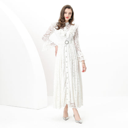 new  women's dress high-end fungus edge splicing single-breasted waist lace embroidered dress