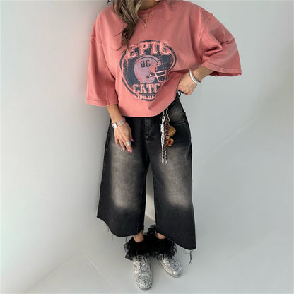high street trend fashion old wash water printing T-shirt versatile seven-quarter sleeve top loose oversize women