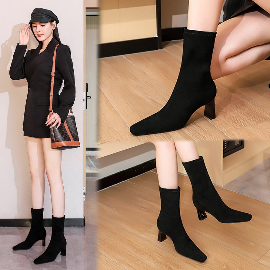 FLOWERSVERSE 2025 375-8  fashion simple thick heel square head suede pedicure thin short women's boots winter high heel short boots