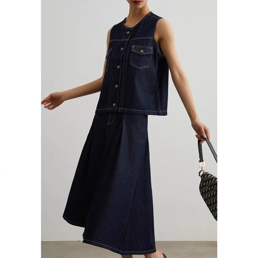 Siyuan S * W same Lyocell cotton retro denim vest/skirt temperament suit women 9102 + 9103