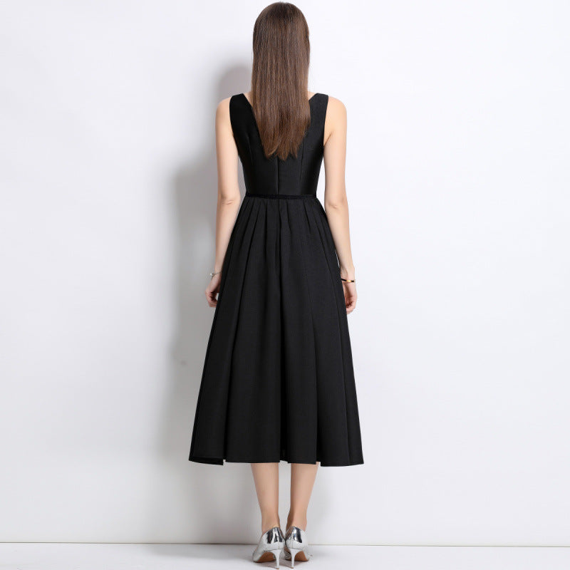 high-end black Hepburn style suspender dress skirt waist sleeveless vest bottoming inner dress women