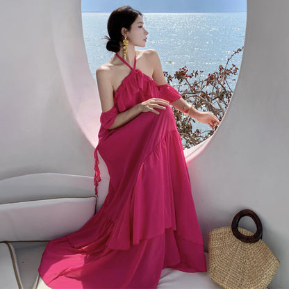 2025 Sanya seaside vacation beach dress pure desire wind sexy backless neck hanging photo exquisite fairy long dress suspender