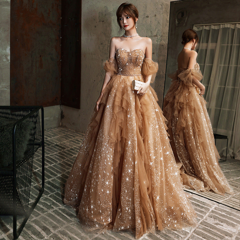 Tube top evening dress new toast dress bride light luxury niche style host return door dress engagement dress