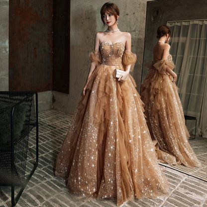 Tube top evening dress new toast dress bride light luxury niche style host return door dress engagement dress