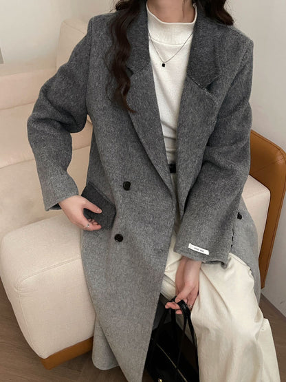 2025 Suit collar double-breasted two-color gradual change extended double-sided wool woolen coat women's versatile warm autumn and winter Haining