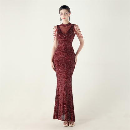 33553 # new turtleneck fishtail evening dress, beaded embroidered sequined crystal diamond decoration, red carpet wedding banquet dress