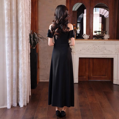 2025 One-word shoulder black evening dress women's banquet temperament high-end dress women's light luxury niche host high-end spring