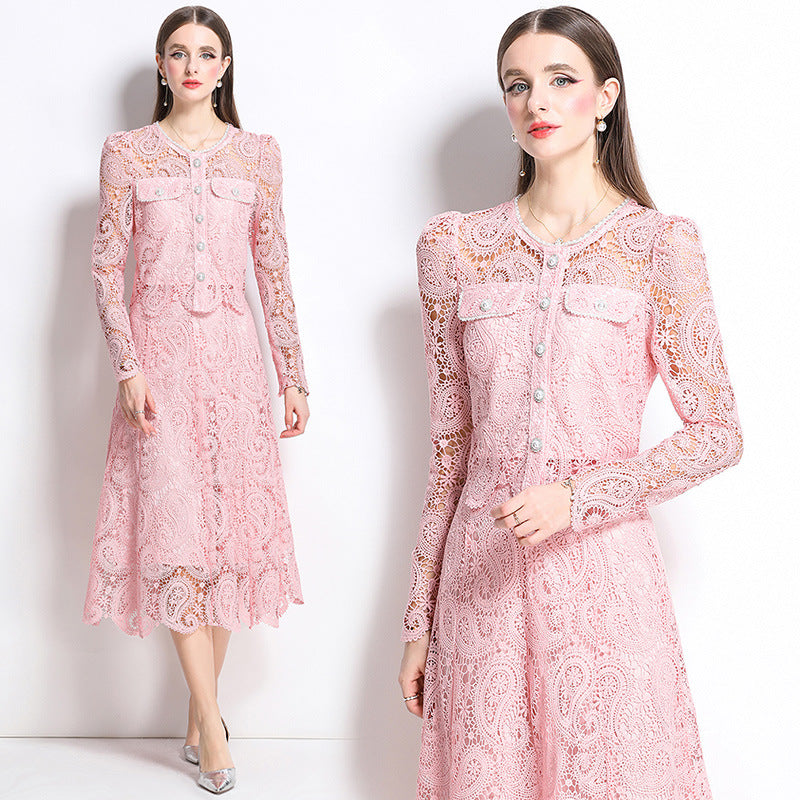 Hot style fashion temperament bead embroidery long-sleeved lace top skirt two-piece suit women's high-end dress