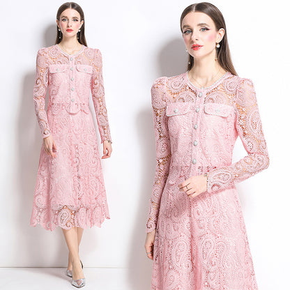 Hot style fashion temperament bead embroidery long-sleeved lace top skirt two-piece suit women's high-end dress