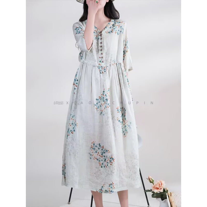 Literary and retro small floral cotton and linen dress for women's  new loose and thin drawstring waist holiday dress