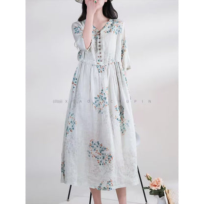 Literary and retro small floral cotton and linen dress for women's  new loose and thin drawstring waist holiday dress