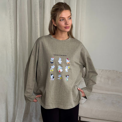 ins style old lazy printing T-shirt top long sleeve round neck casual loose versatile and thin design sense T