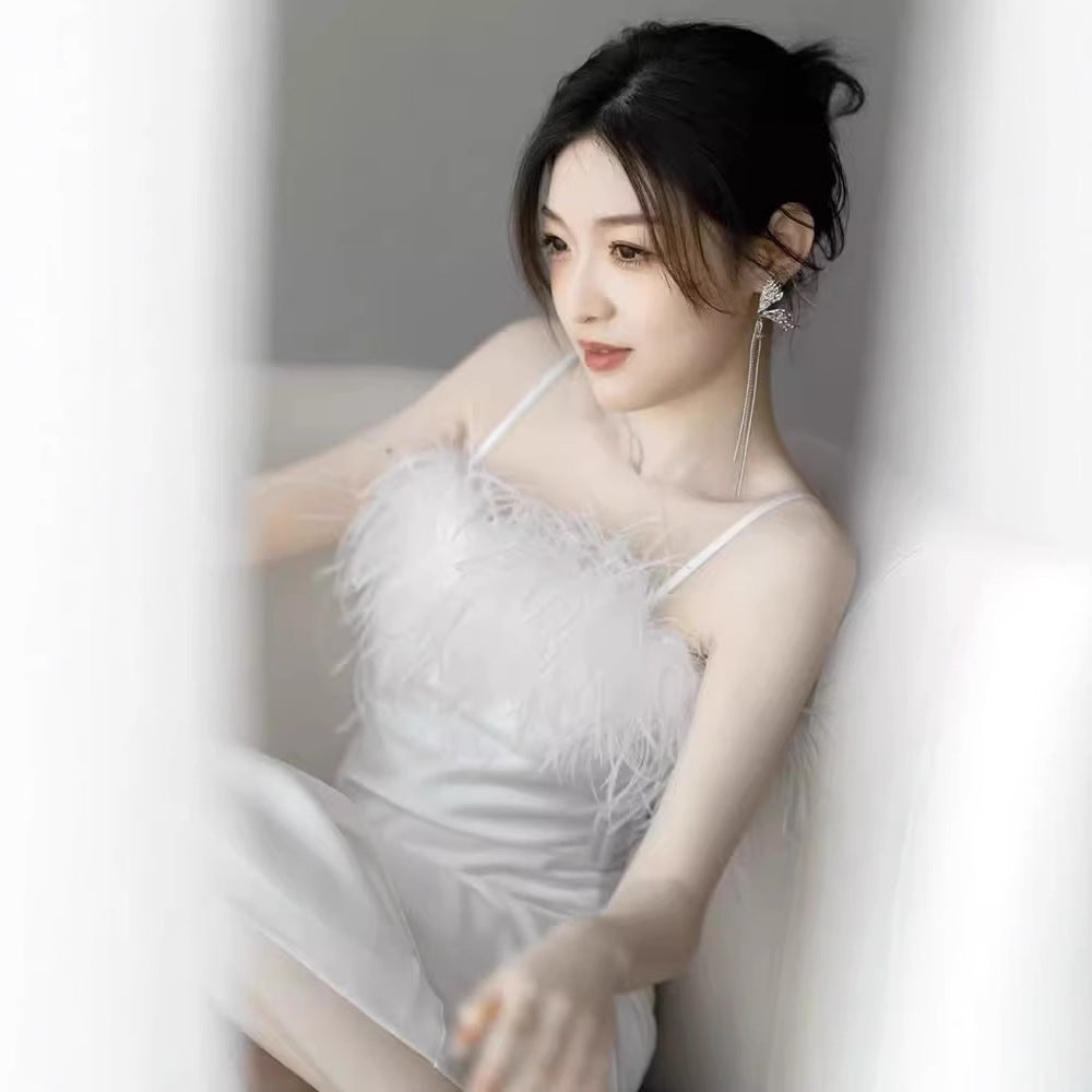 2025 Wedding morning shot dress white morning gown female bride wedding female high-end feather atmosphere dress satin dress