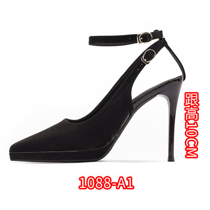 2025 1233-1 one-word bag head sandals pointed thin heels high heels waterproof table super high heels satin single shoes are not tired