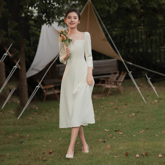 2025 Get the certificate and register, you can usually wear a simple  long-sleeved small white dress, engagement dress, light wedding dress, satin dress.