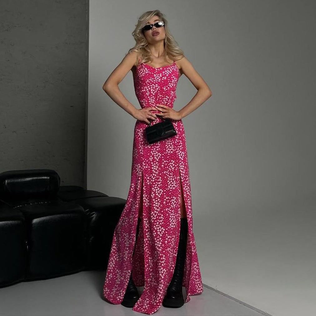 temperament niche new high split tie halter suspender floral dress female hip wrap sexy New