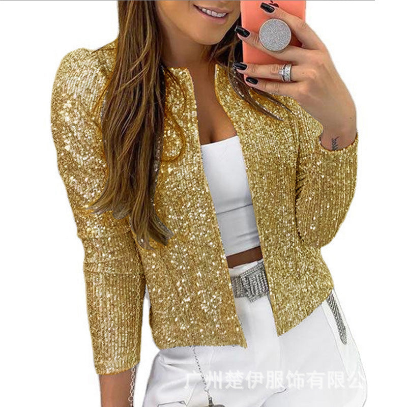 FLOWERSVERSE 2025 spring new 2025 women's clothing fashion stand-up collar sequined Garib jacket short casual versatile small coat