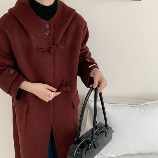 2025 Hooded disc buckle solid color extended double-sided wool coat woolen casual loose coat women's warm autumn and winter