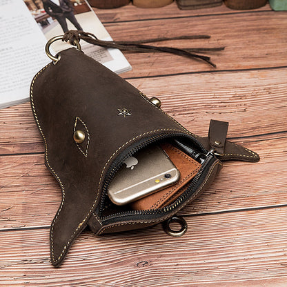 FLOWERSVERSE New Top Layer Crazy Horse Skin Cowhide Foreign Trade Men's Retro Cool Cow Head Large Capacity 7-Inch Waist Bag Leg Bag 835