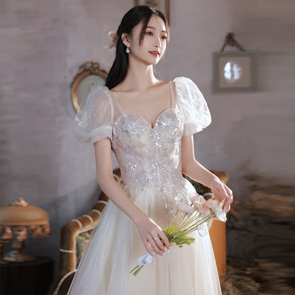 Champagne Evening Dress Dress 2025 New Banquet Fairy Bubble Sleeve Bar Mitzvah Birthday Bridesmaid Skinny Dress Woman