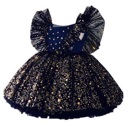 flowersverse European and American Girls Dress Children Bow Flying Sleeves Princess Dress Children's Mesh Bubble Skirt