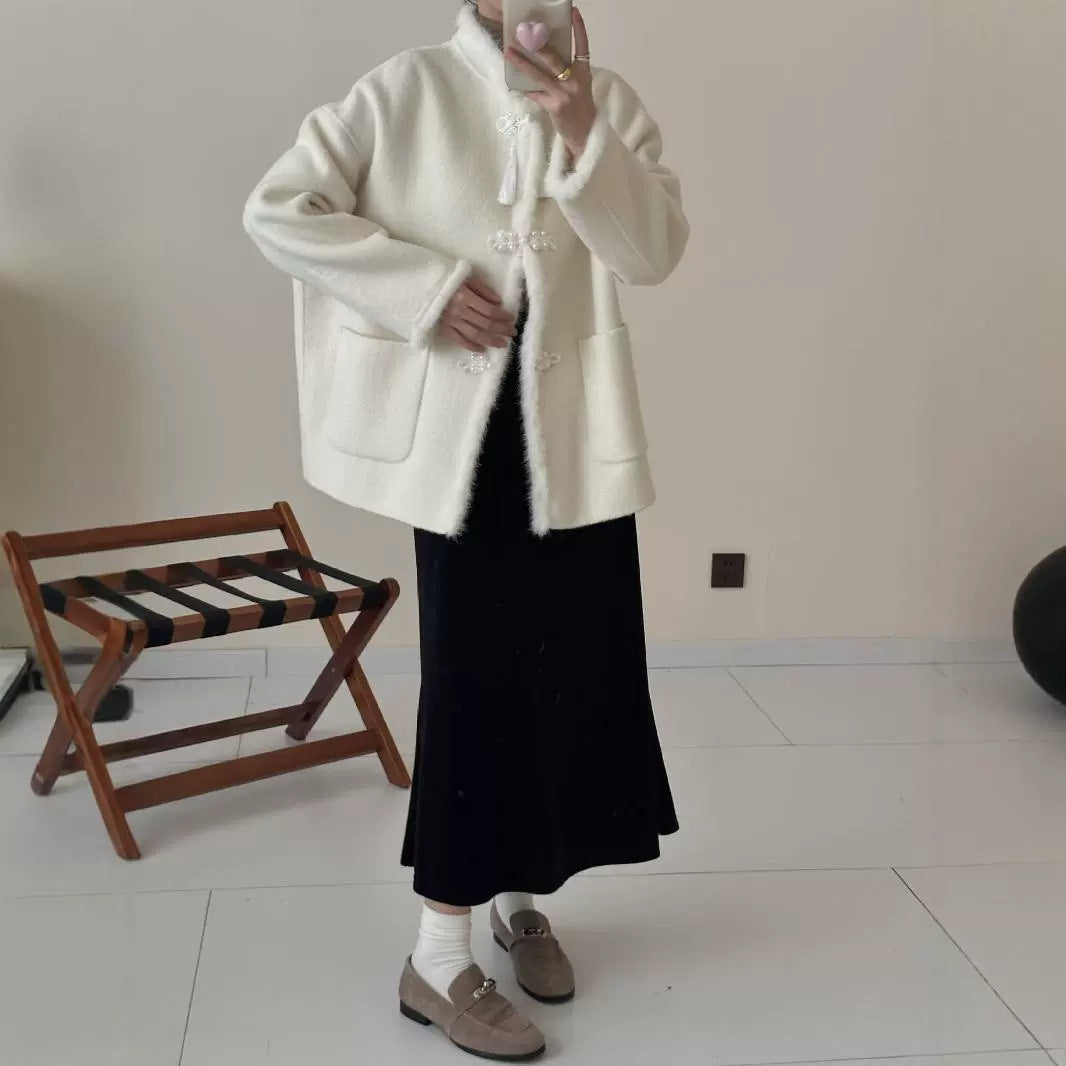 2025 All-wool national style shoulder sleeves stand-up collar buckle double-sided cashmere coat high-end woolen coat women's autumn and winter new