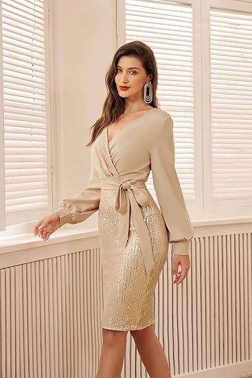 FLOWERSVERSE 2025New   Black Gold Double Spell Solid Color Temperament Commuter High Waist Fashion Sequin Dress