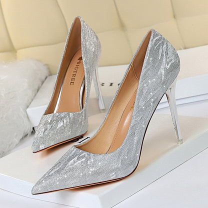 2025 1829-1  high heels women's shoes thin heels high heels light mouth pointed sequins sexy and thin nightclub single shoes wedding shoes