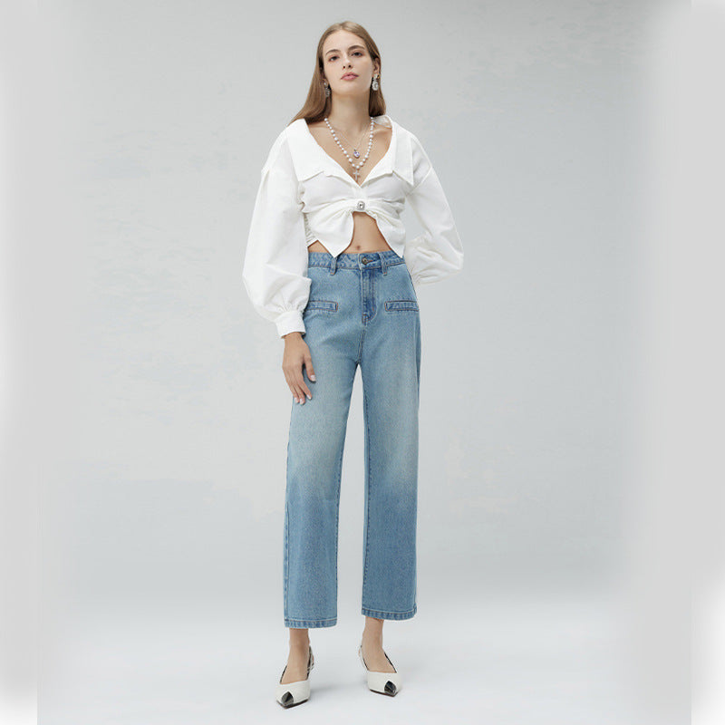2025 In the autumn of , 2025n pure and elegant minimalist style shows high and thin wide-leg pants, women's high-waisted denim nine-point pants